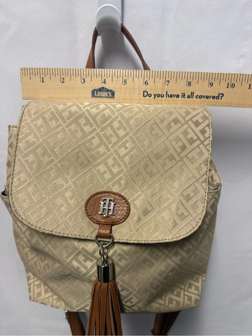 Beige Patterned Backpack with Tassel